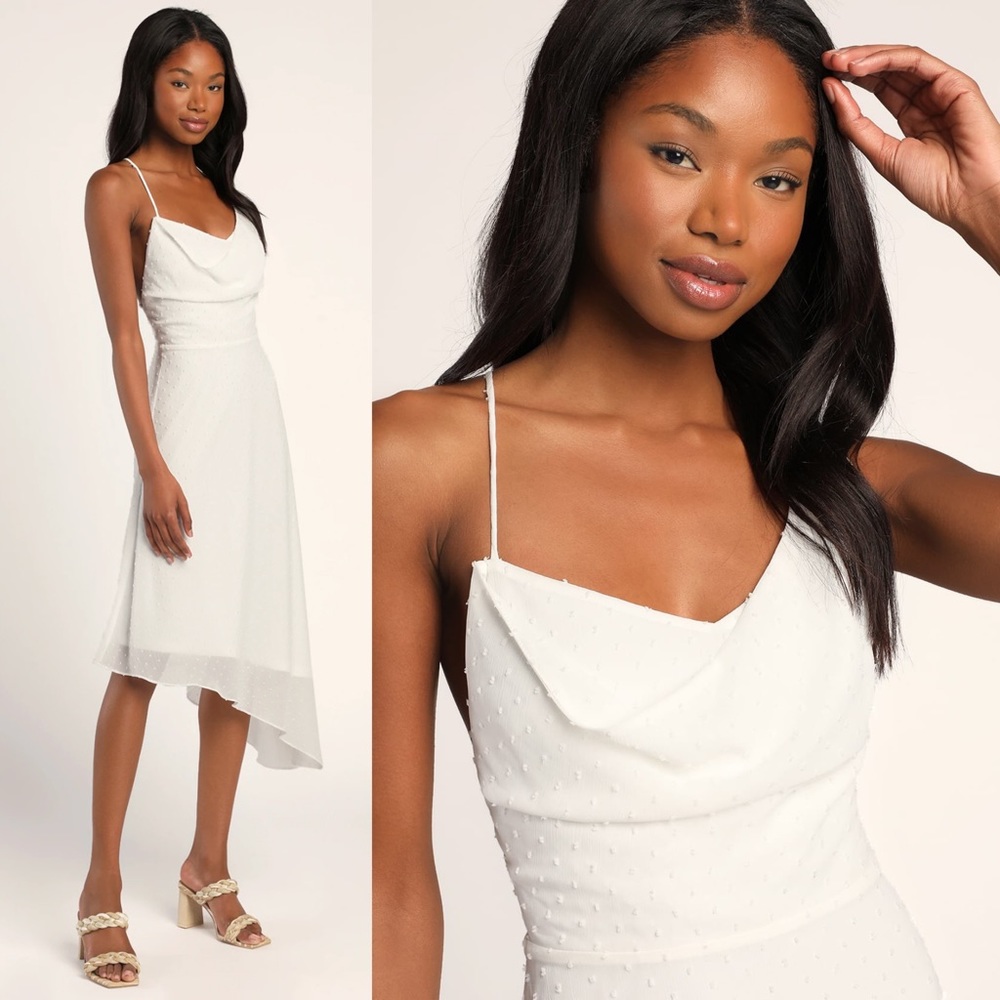 Lulu’s White Asymmetrical Swiss Dot Midi Dress